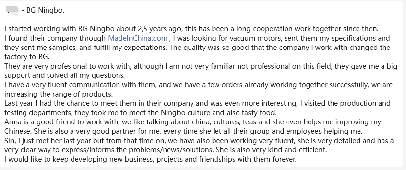ningbo bgmotor factory:customer high praise